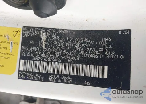 2004 Toyota Highlander Limited V6 from USA, damaged, VIN JTEDP21A040020475